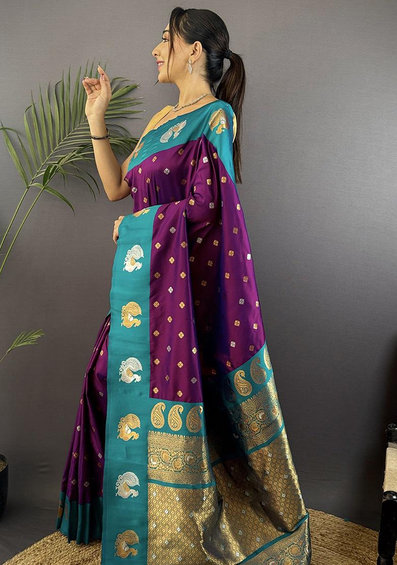 Royal Blue Embroidered Silk Saree Set