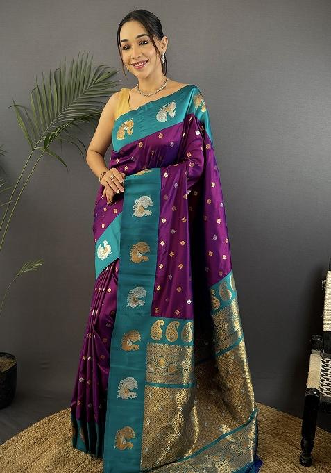 Royal Blue Embroidered Silk Saree Set