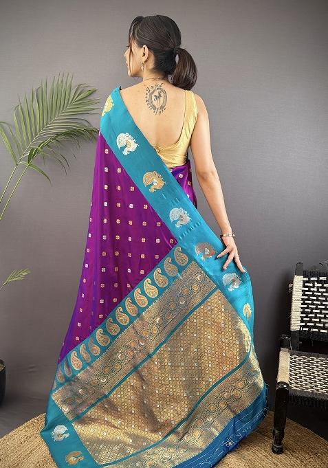 Royal Blue Embroidered Silk Saree Set