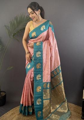 Teal Embroidered Silk Saree Set