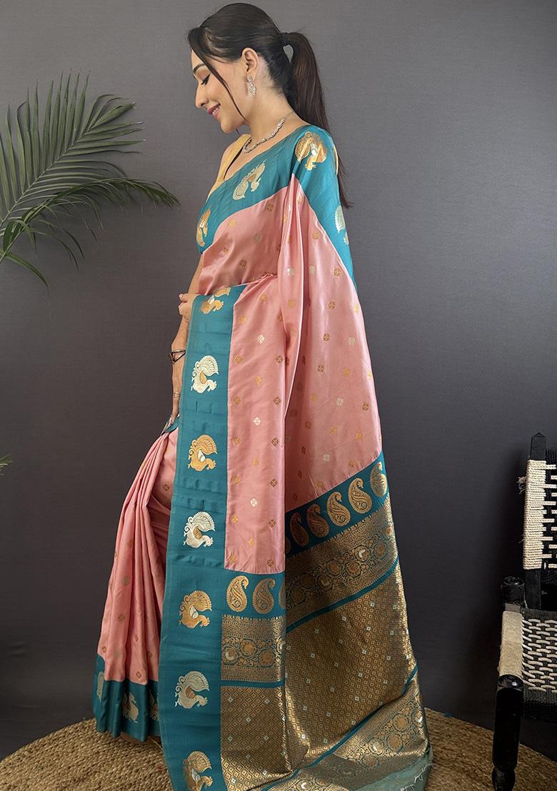 Teal Embroidered Silk Saree Set
