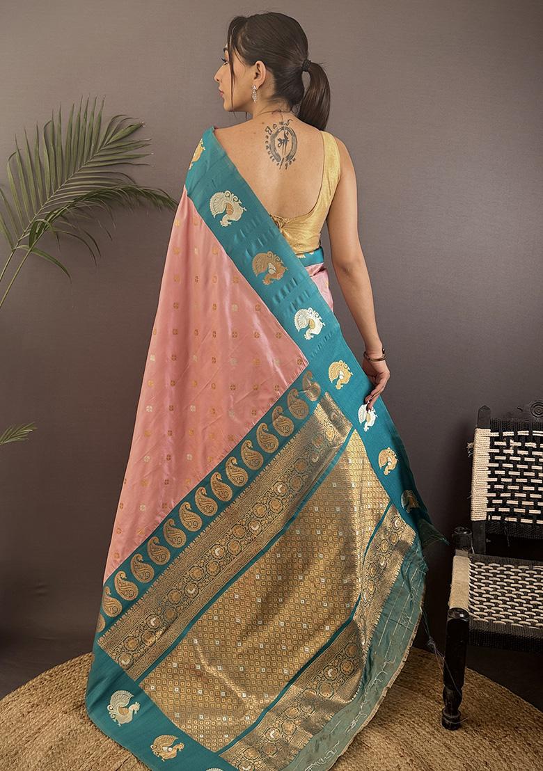 Teal Embroidered Silk Saree Set