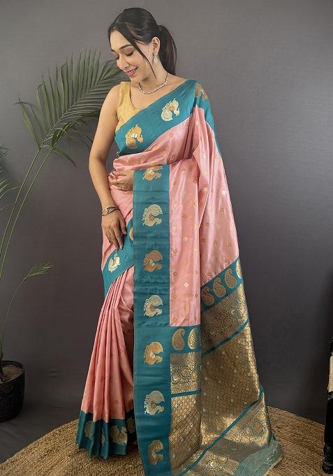 Teal Embroidered Silk Saree Set