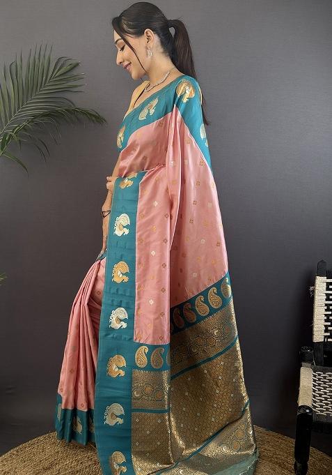 Teal Embroidered Silk Saree Set