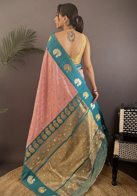 Teal Embroidered Silk Saree Set