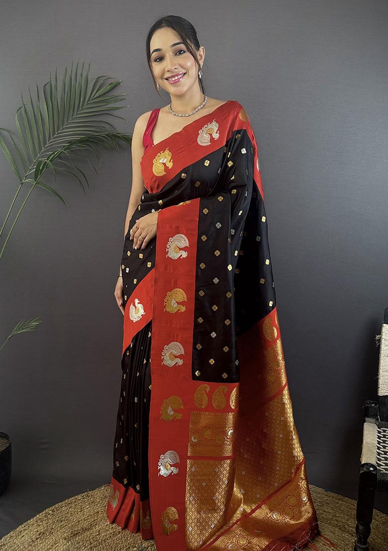 Maroon Embroidered Silk Saree Set