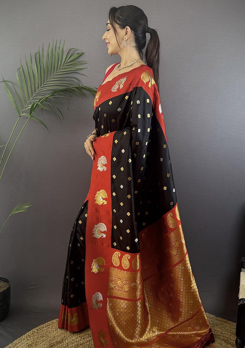 Maroon Embroidered Silk Saree Set