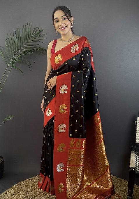 Maroon Embroidered Silk Saree Set