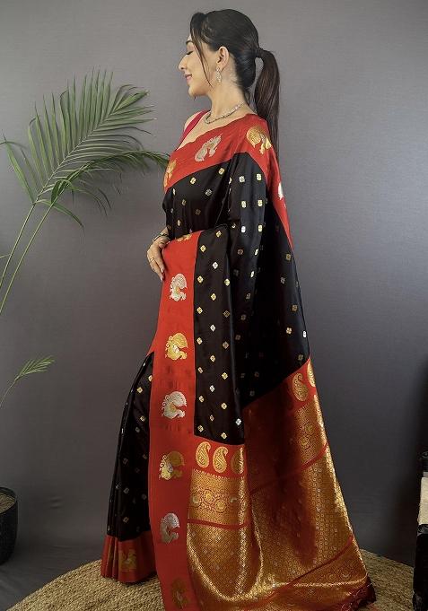 Maroon Embroidered Silk Saree Set