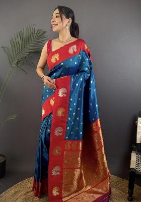 Rani Pink Embroidered Silk Saree Set