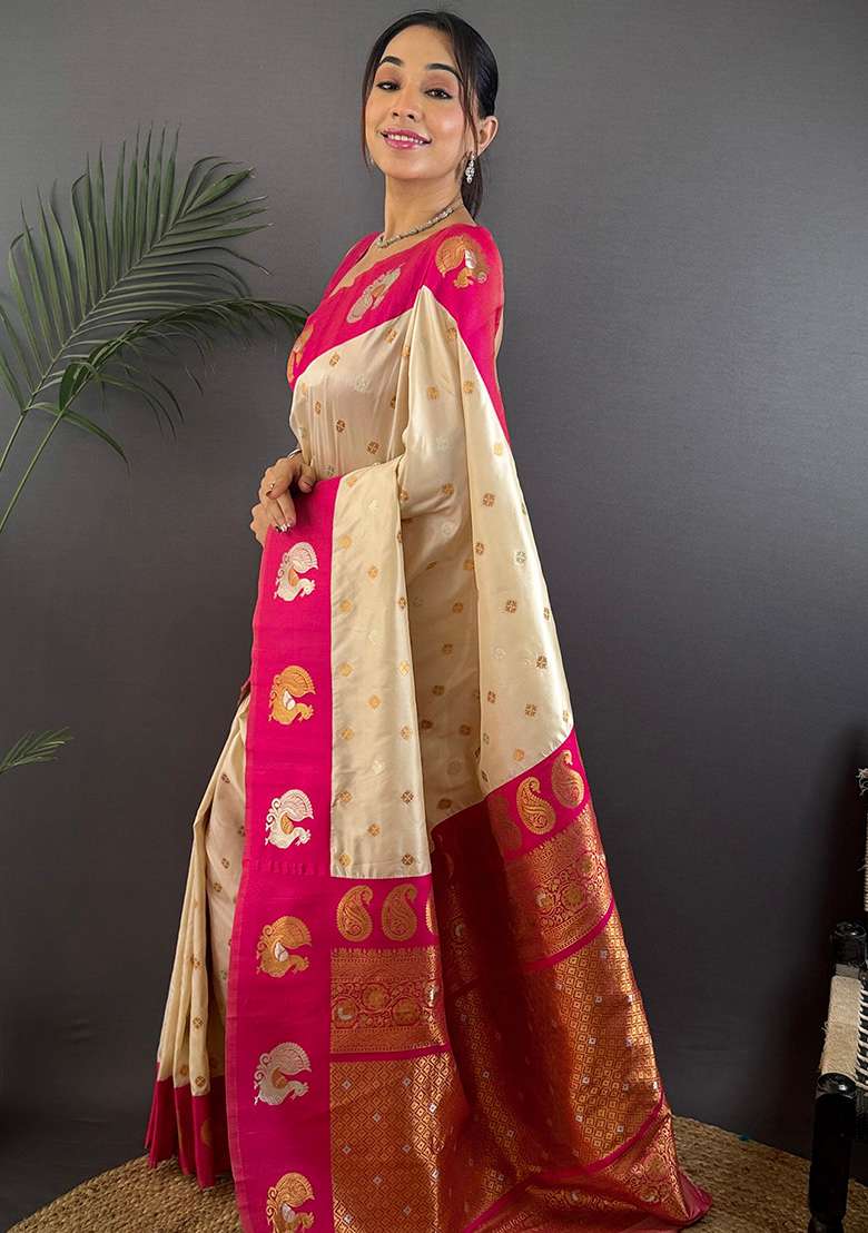 Pink Silk Blend Saree Set with Embroidered for Diwali | Wedding & Festive Wear - Indya