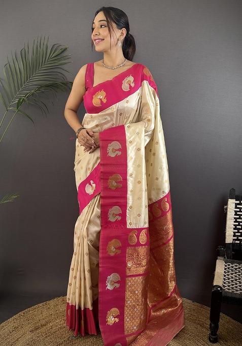 Pink Embroidered Silk Saree Set