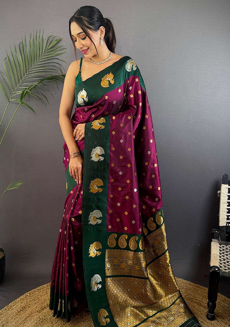 Dark Green Silk Blend Saree Set with Embroidered for Diwali | Wedding & Festive Wear - Indya