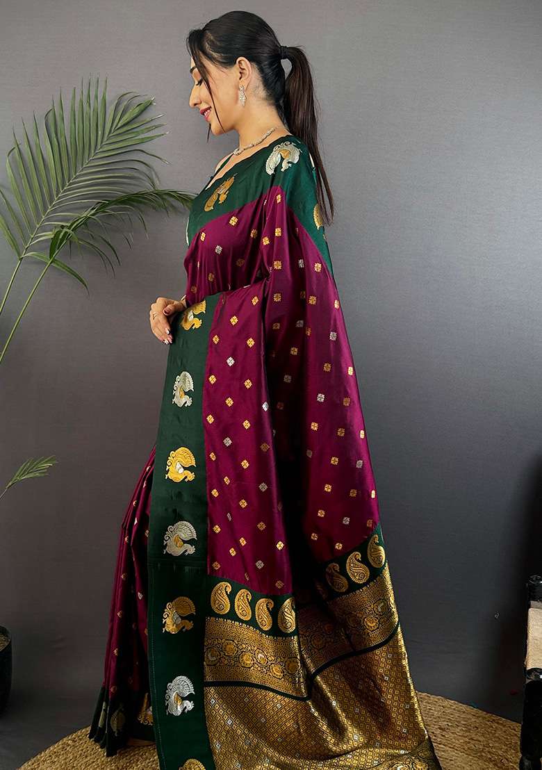 Dark Green Silk Blend Saree Set with Embroidered for Diwali | Wedding & Festive Wear - Indya