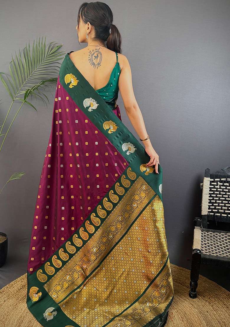 Dark Green Silk Blend Saree Set with Embroidered for Diwali | Wedding & Festive Wear - Indya