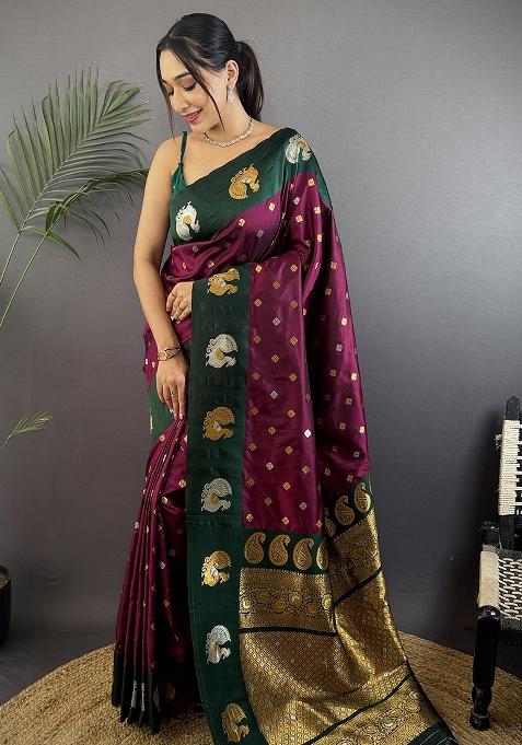Dark Green Embroidered Silk Saree Set