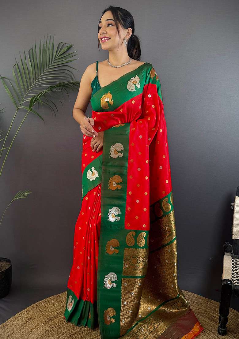 Green Embroidered Silk Blend Saree Set for Diwali and Festive Wear - Indya