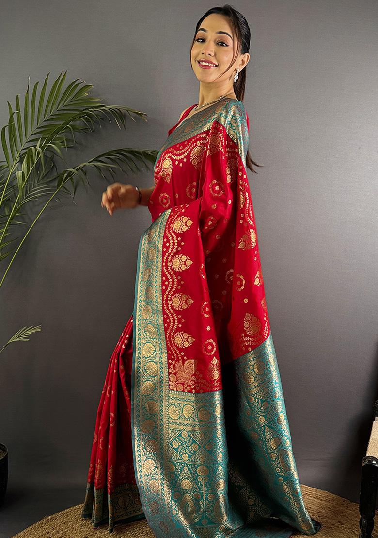 Turquoise Embroidered Silk Saree Set