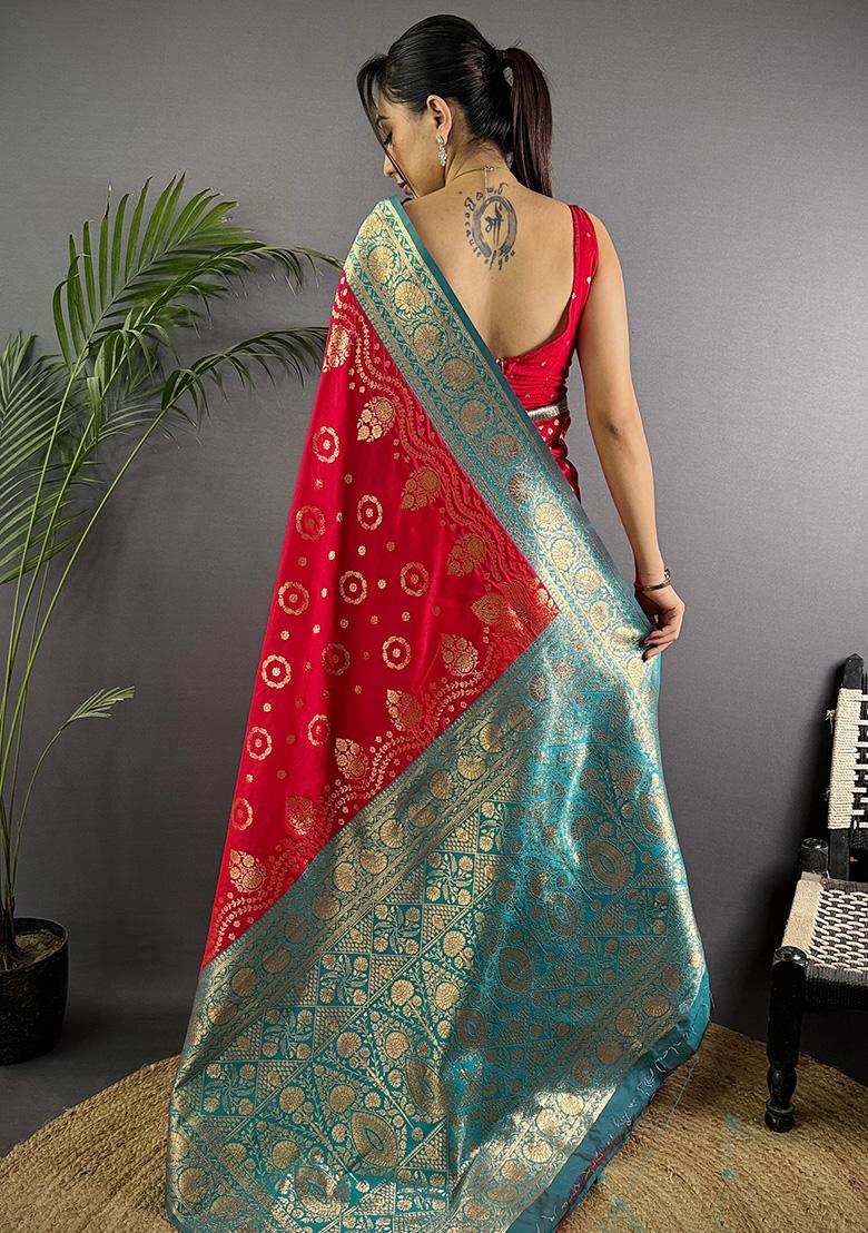 Turquoise Embroidered Silk Saree Set