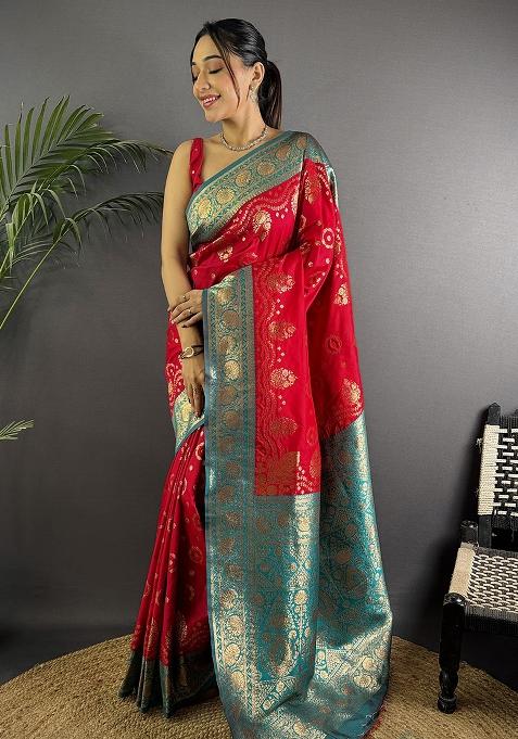 Turquoise Embroidered Silk Saree Set