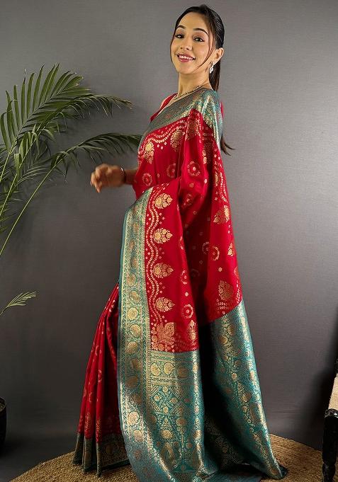 Turquoise Embroidered Silk Saree Set