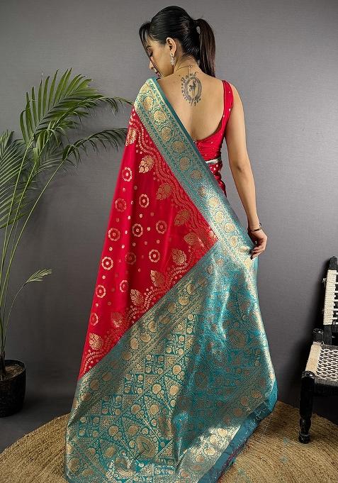 Turquoise Embroidered Silk Saree Set