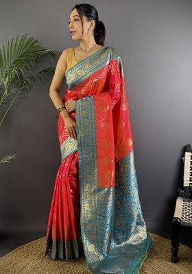Turquoise Embroidered Silk Saree Set