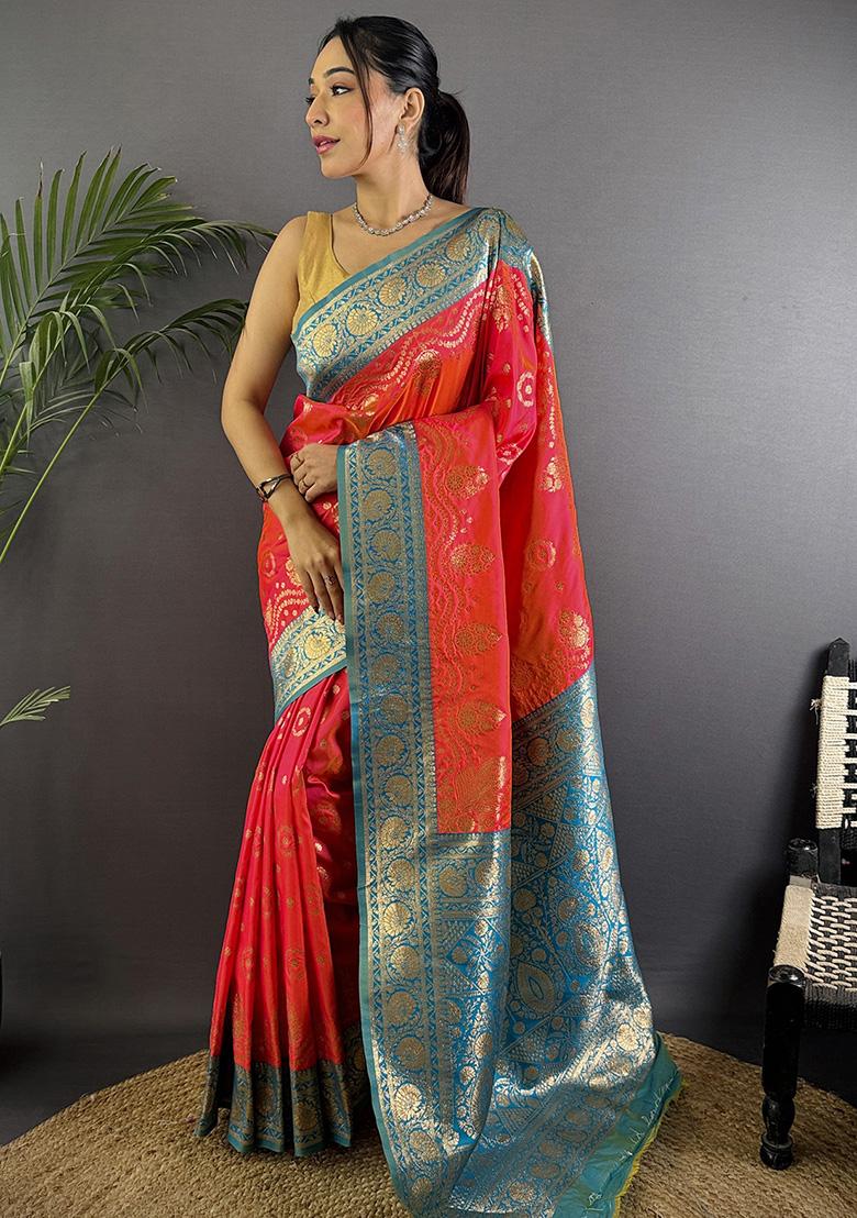 Turquoise Embroidered Silk Saree Set