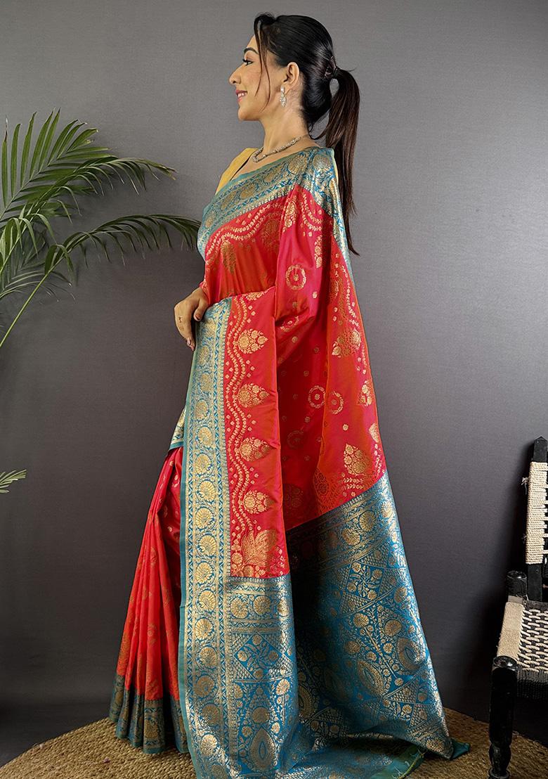 Turquoise Embroidered Silk Saree Set
