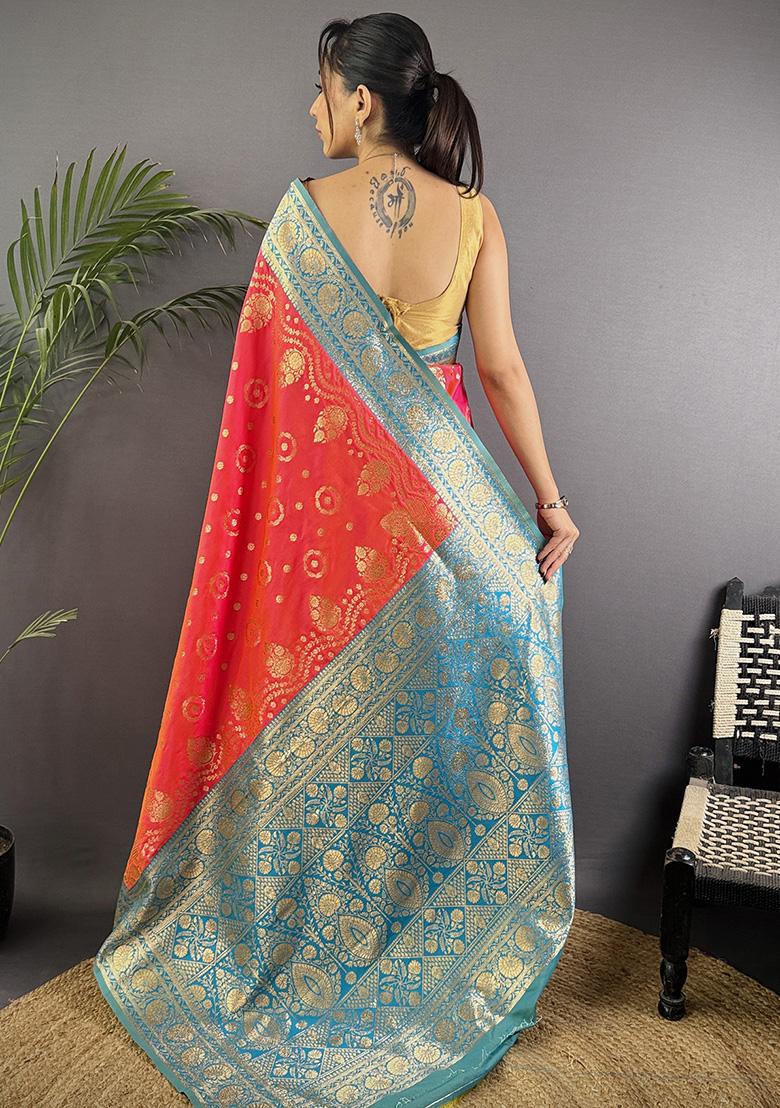 Turquoise Embroidered Silk Saree Set