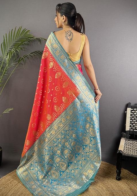 Turquoise Embroidered Silk Saree Set