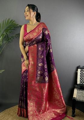 Magenta Embroidered Silk Saree Set