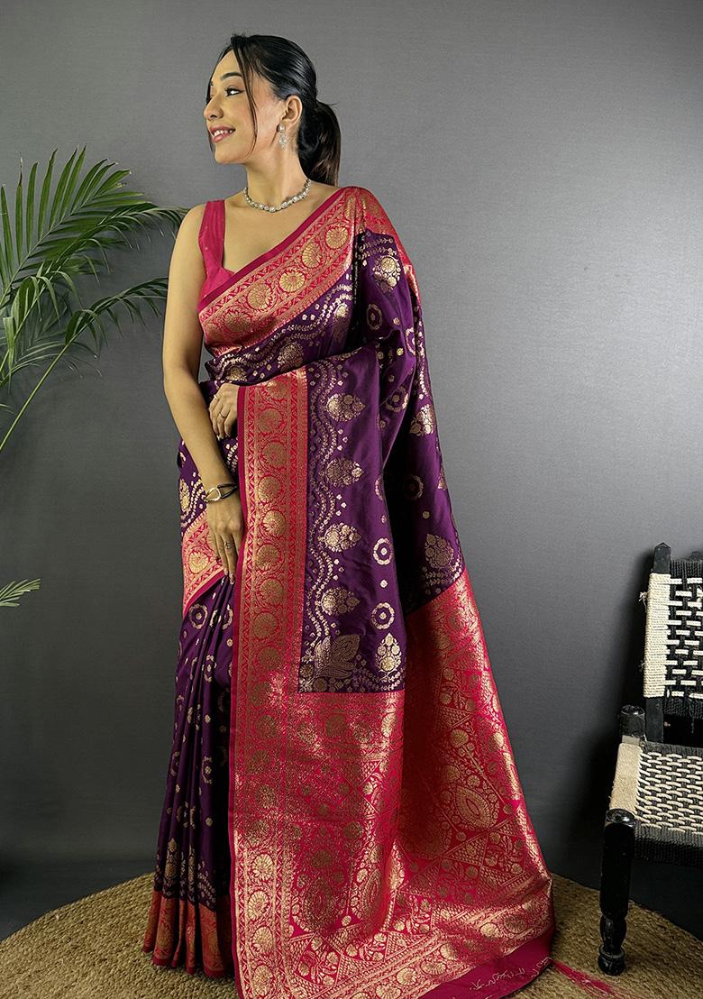Magenta Embroidered Silk Saree Set
