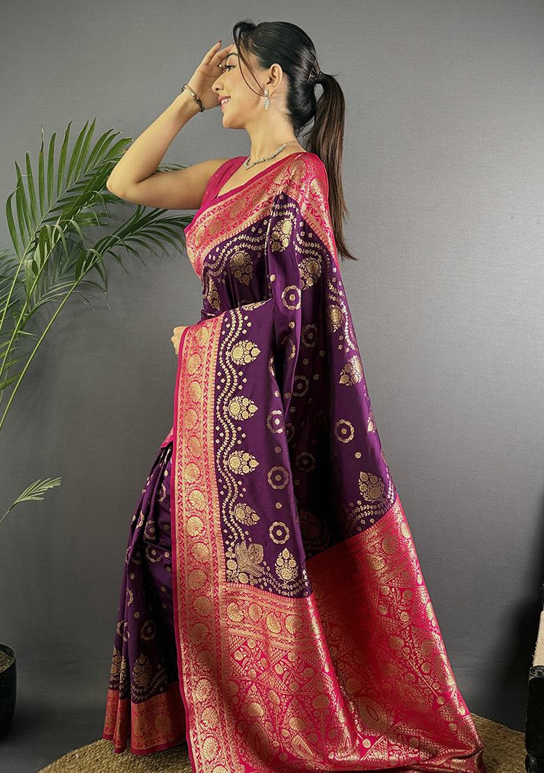 Magenta Embroidered Silk Saree Set
