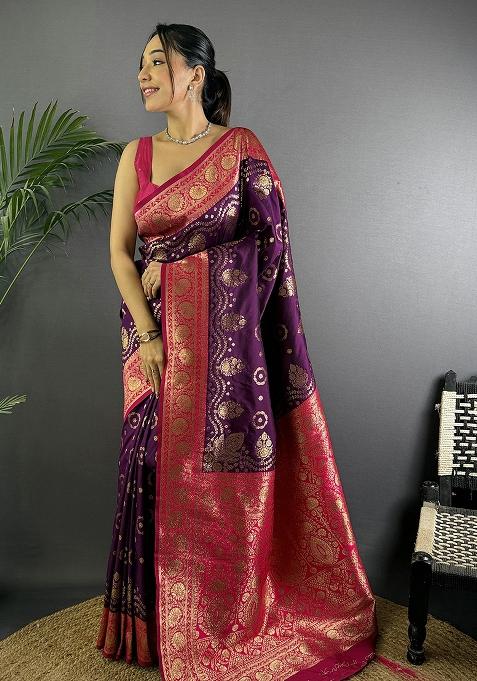 Magenta Embroidered Silk Saree Set