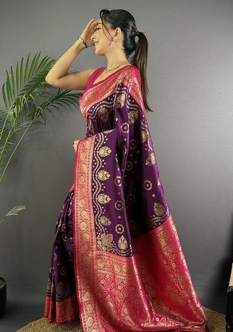 Magenta Embroidered Silk Saree Set