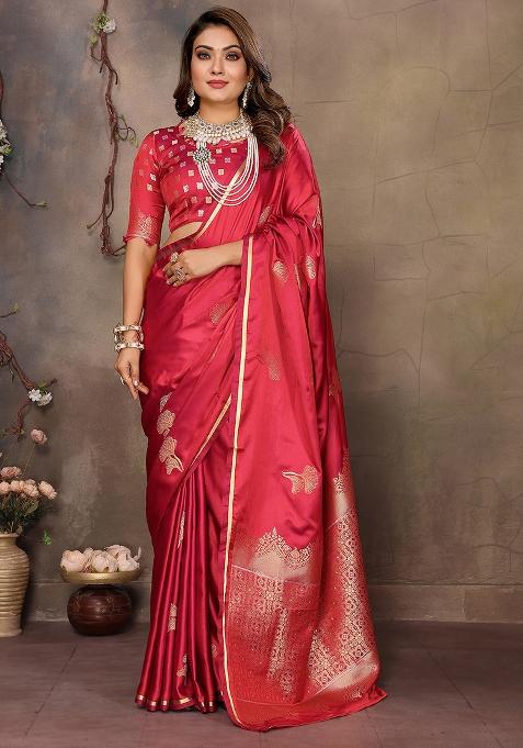 Red Floral Silk Saree Set