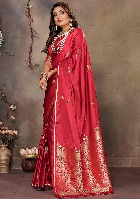 Red Floral Silk Saree Set