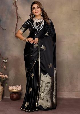 Black Floral Silk Saree Set