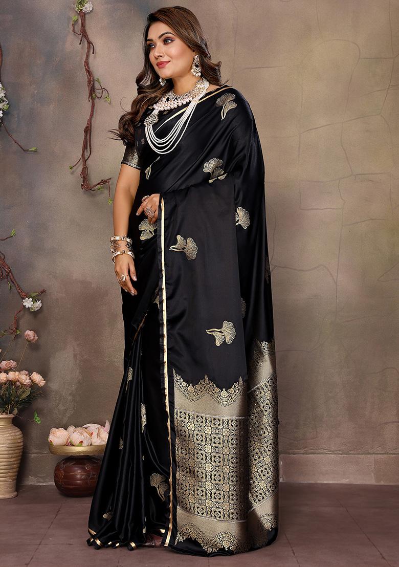 Black Floral Silk Saree Set - Indya