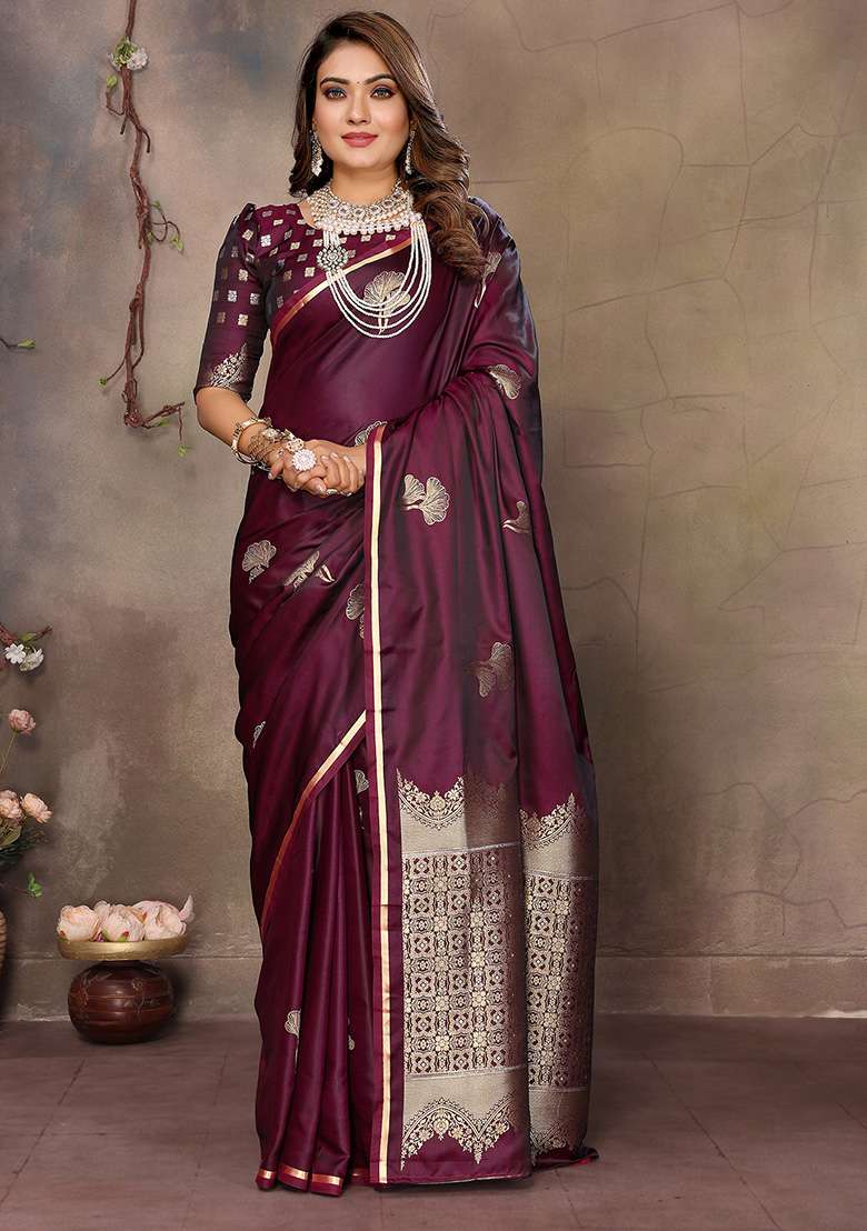 Maroon Floral Silk Blend Saree Set for Diwali | Wedding & Festive Wear - Indya