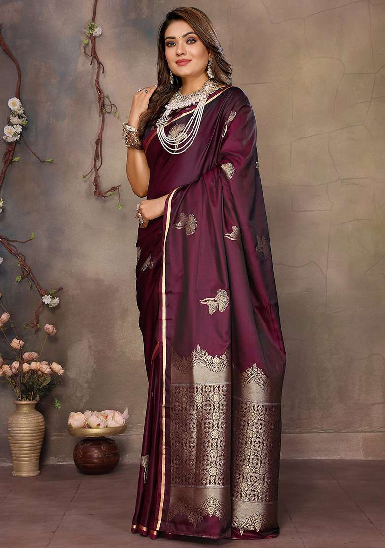Maroon Floral Silk Blend Saree Set for Diwali | Wedding & Festive Wear - Indya