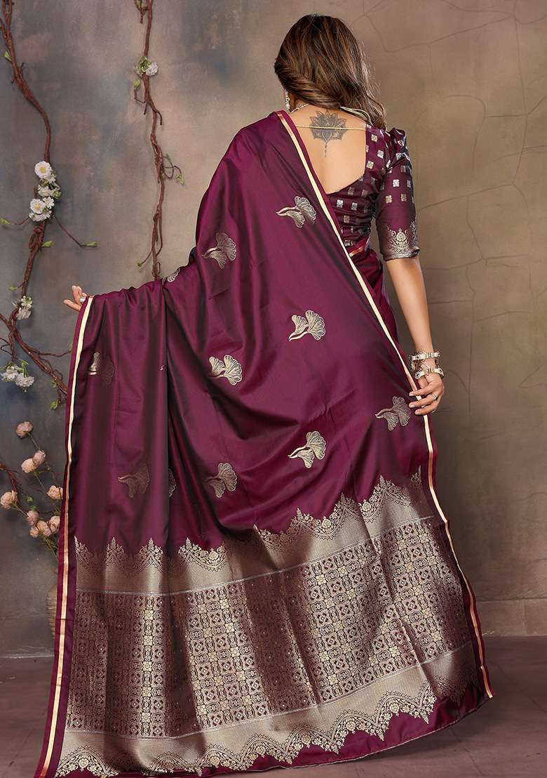 Maroon Floral Silk Blend Saree Set for Diwali | Wedding & Festive Wear - Indya