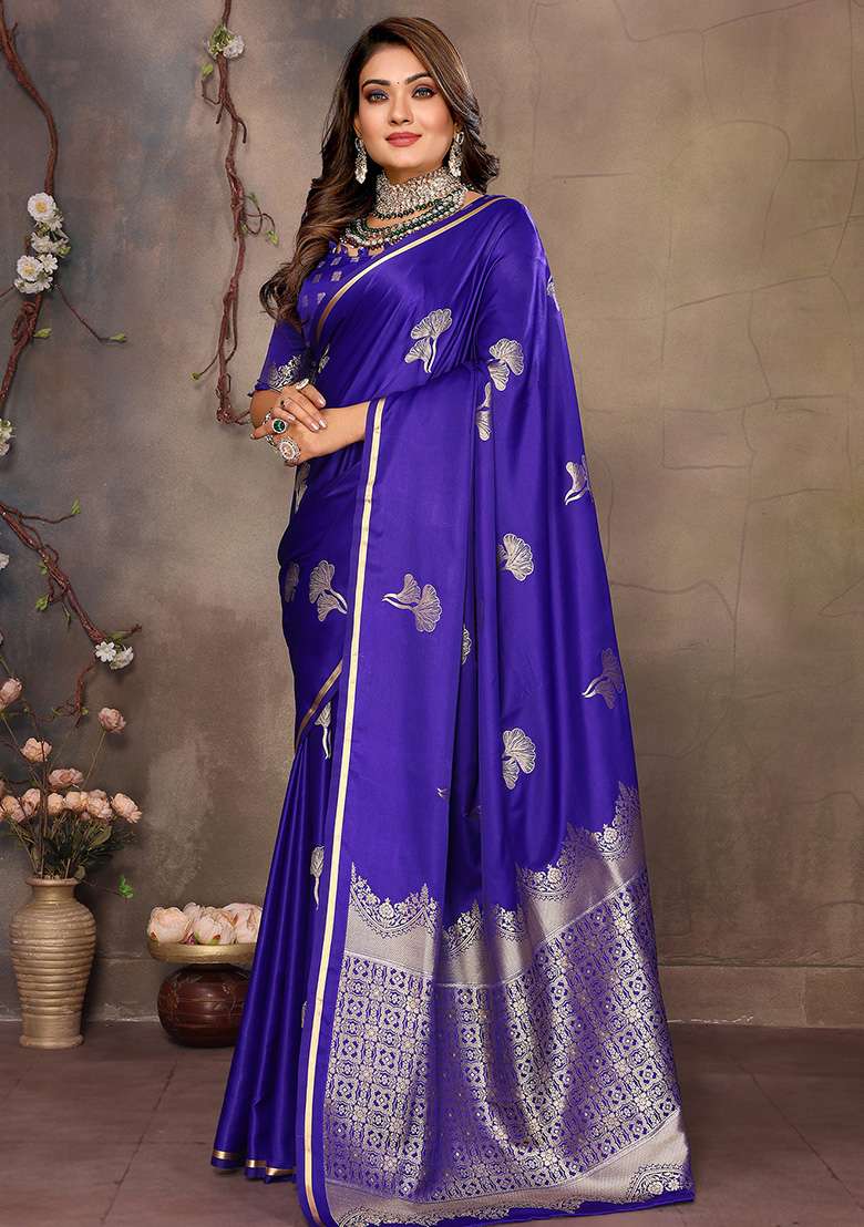 Royal Blue Floral Silk Blend Saree Set for Diwali | Wedding & Festive Wear - Indya