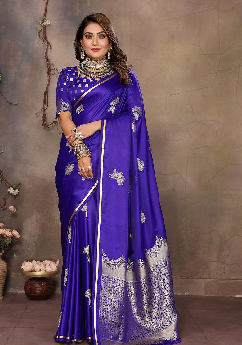 Royal Blue Floral Silk Blend Saree Set for Diwali | Wedding & Festive Wear - Indya