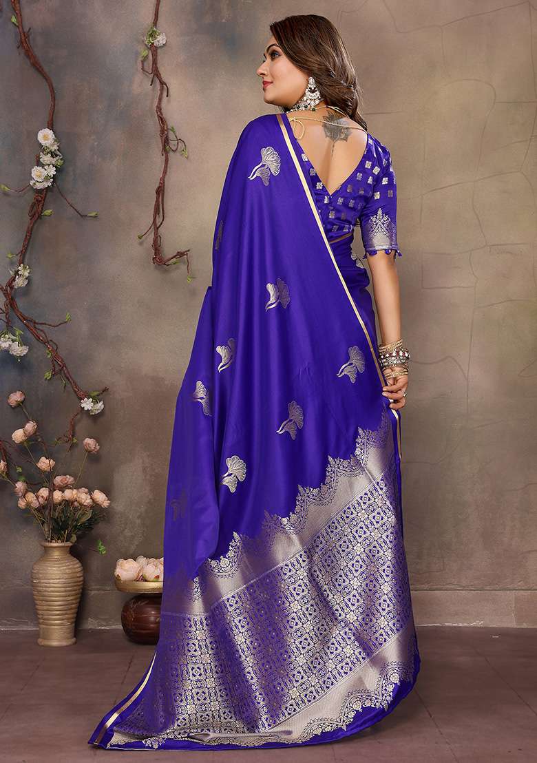 Royal Blue Floral Silk Blend Saree Set for Diwali | Wedding & Festive Wear - Indya