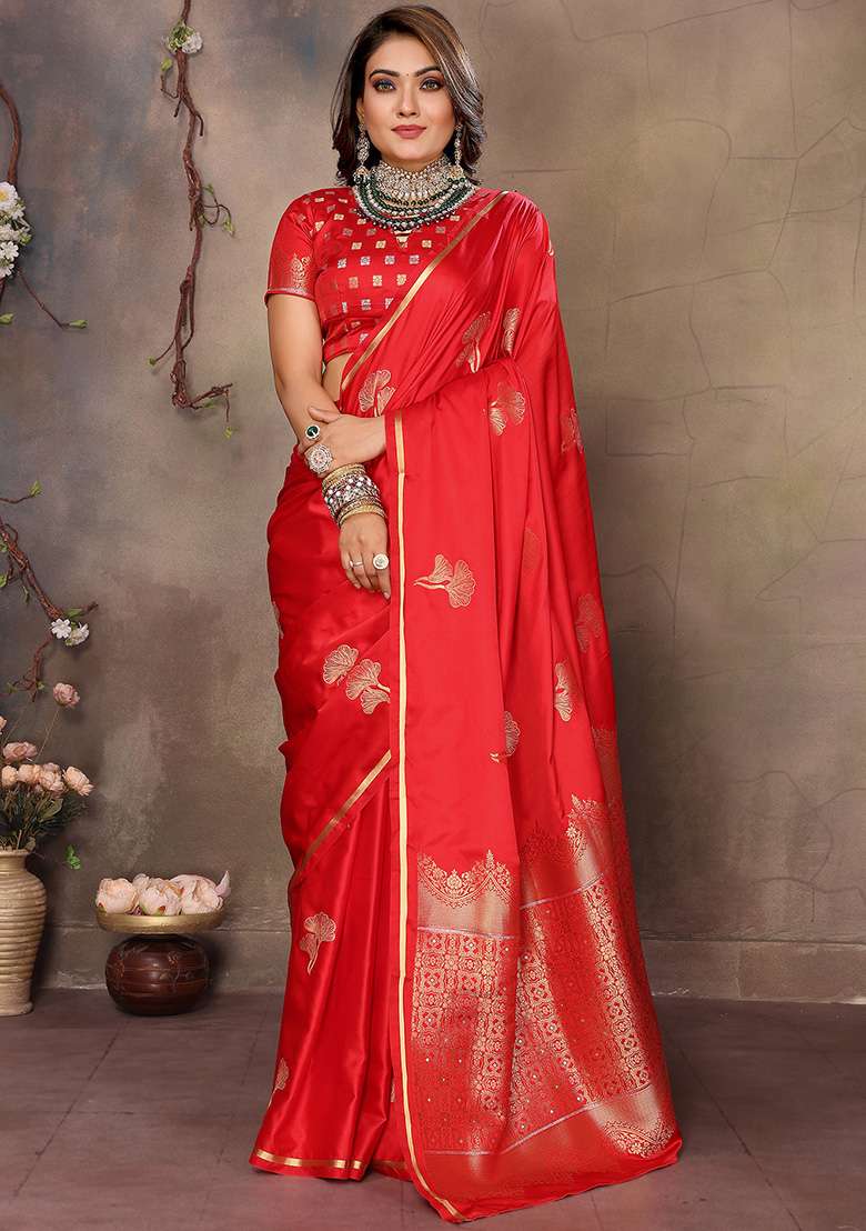 Red Floral Silk Blend Saree Set for Diwali | Wedding & Festive Wear - Indya
