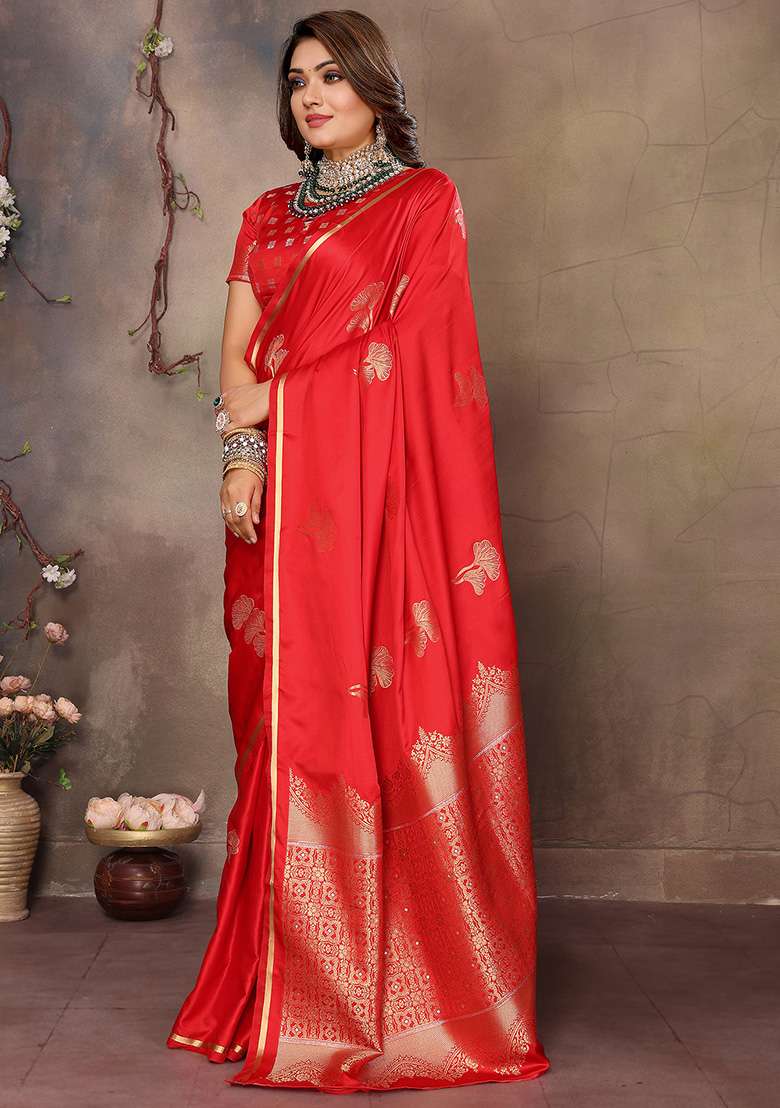 Red Floral Silk Blend Saree Set for Diwali | Wedding & Festive Wear - Indya