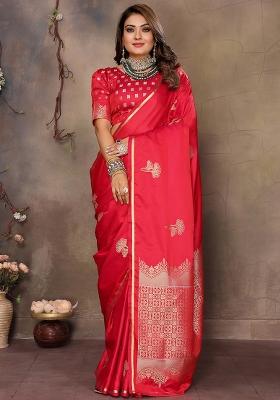 Red Floral Silk Saree Set