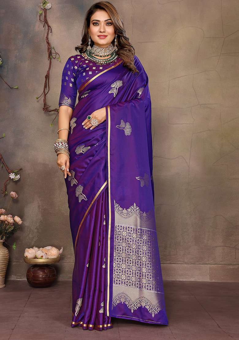 Purple Floral Silk Blend Saree Set for Diwali and Festive Wear - Indya